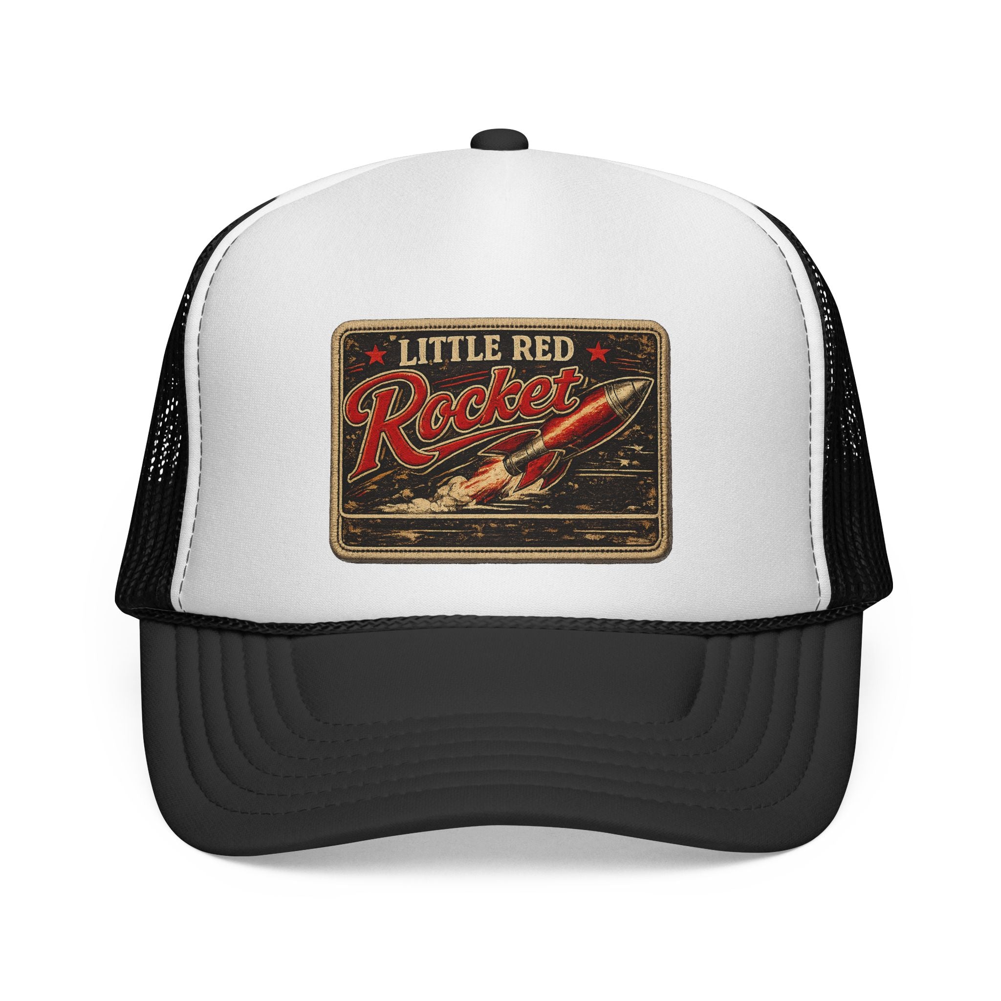Little Red Rocket Trucker Cap — Retro Rocketry Patch Mesh Hat