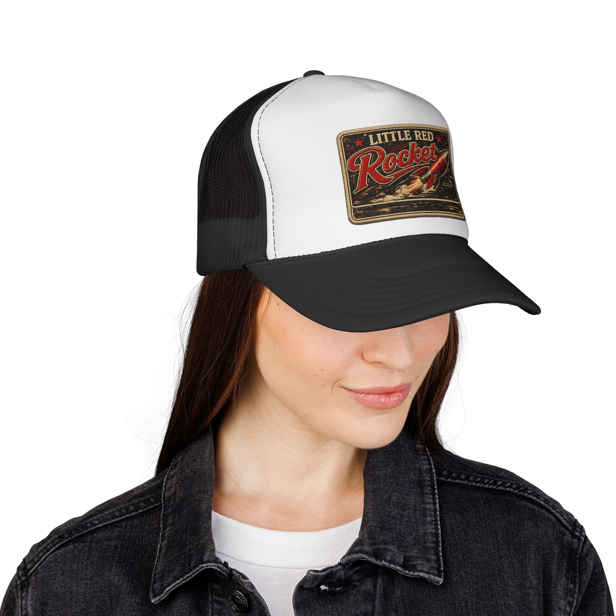 Little Red Rocket Trucker Cap — Retro Rocketry Patch Mesh Hat